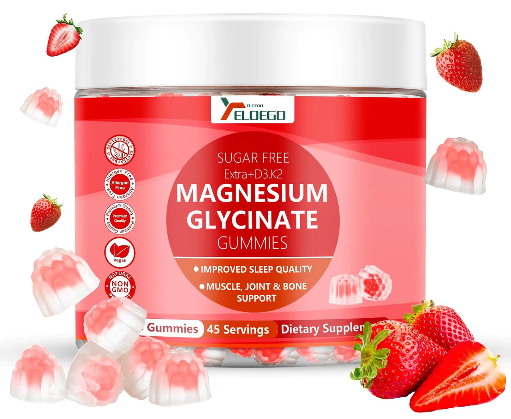 Magnesium Gummies 600mg per Serving-Magnesium Glycinate 400mg and Magnesium Malate 200mg Extra K2 & D3 High Absorption Magnesium Supplement for SleepStress Relief Nerve SupportStrawberry(90 CT)