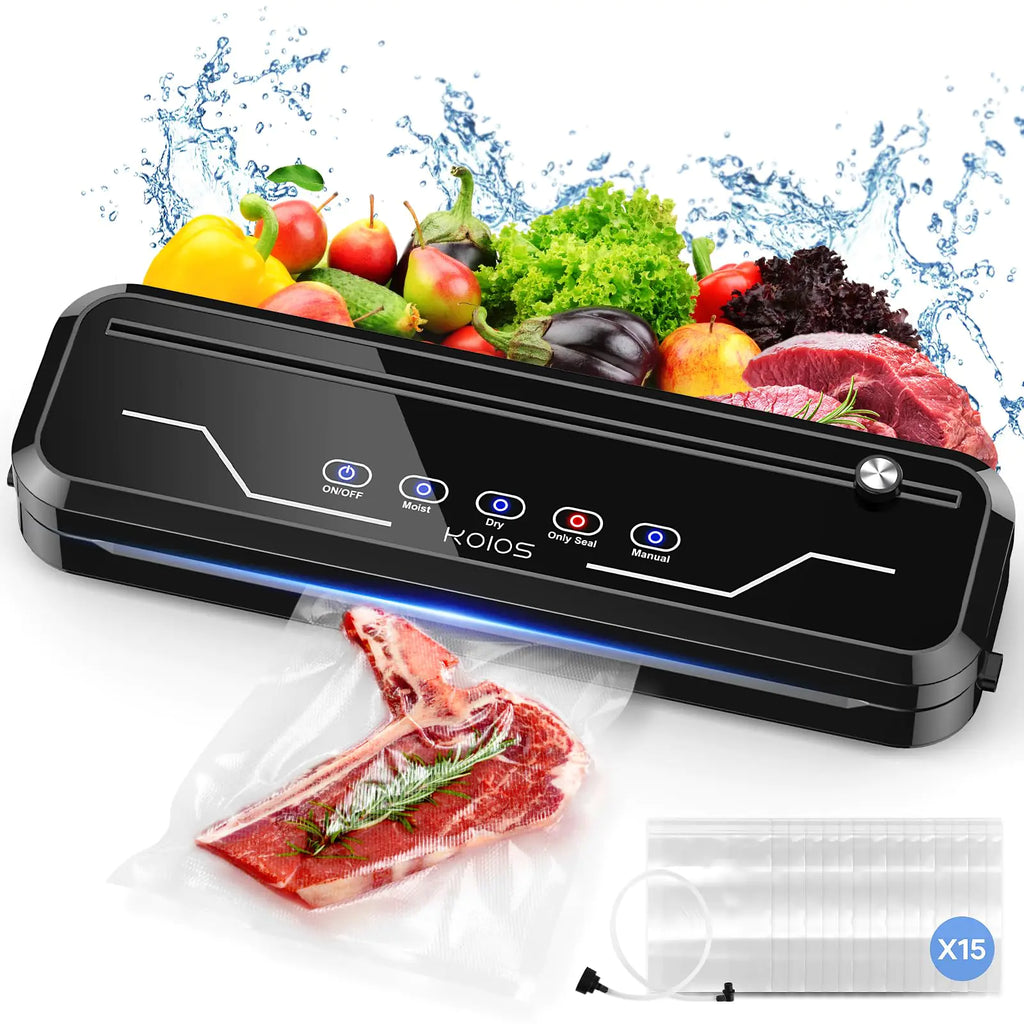 KOIOS Vacuum Sealer Machine Food Vacuum Saver Automatic Air Sealing 80Kpa with Starter Kits | 15 Bags Build-in Cutter Moist&Dry Mode and External VAC for Jars and Containers(Black)