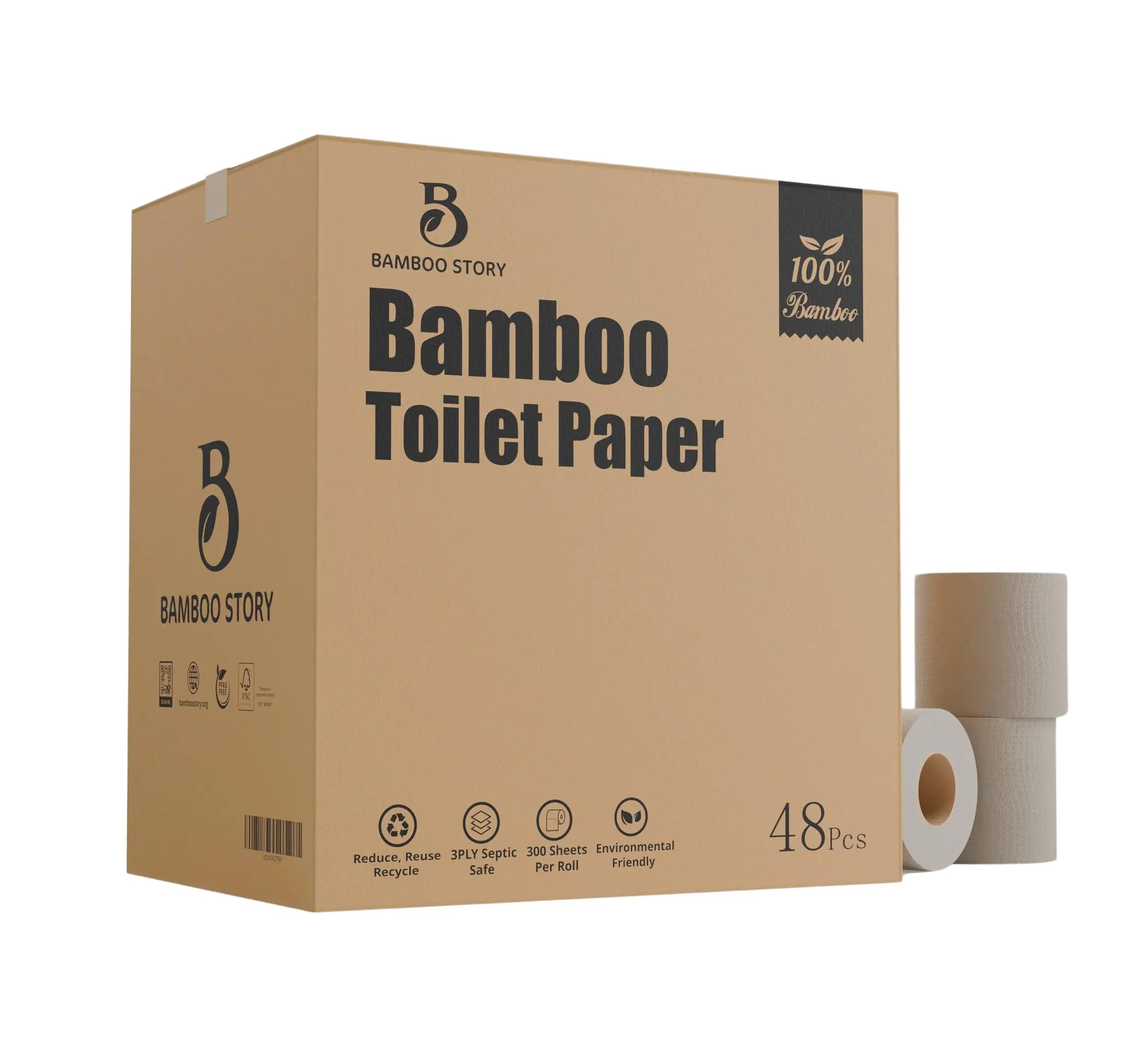 Bamboo Story 48 Bulk Premium Unbleached Bamboo Toilet Paper Plant-Based PFAS Free 3PLY & 300 Sheets FSC Certified Organic Brown Chlorine Free Plastic Free BPA FreeToilet Tissue (48)
