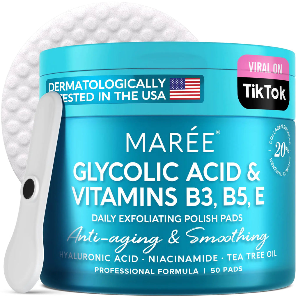 MAREE Glycolic Acid Pads - Toner Pads for Face Cleansing - Tea Tree Oil Salicylic Acid & Vitamins E B3 B5 - Facial Peel & Radiance Deep Cleaning Effect - 50 Pads