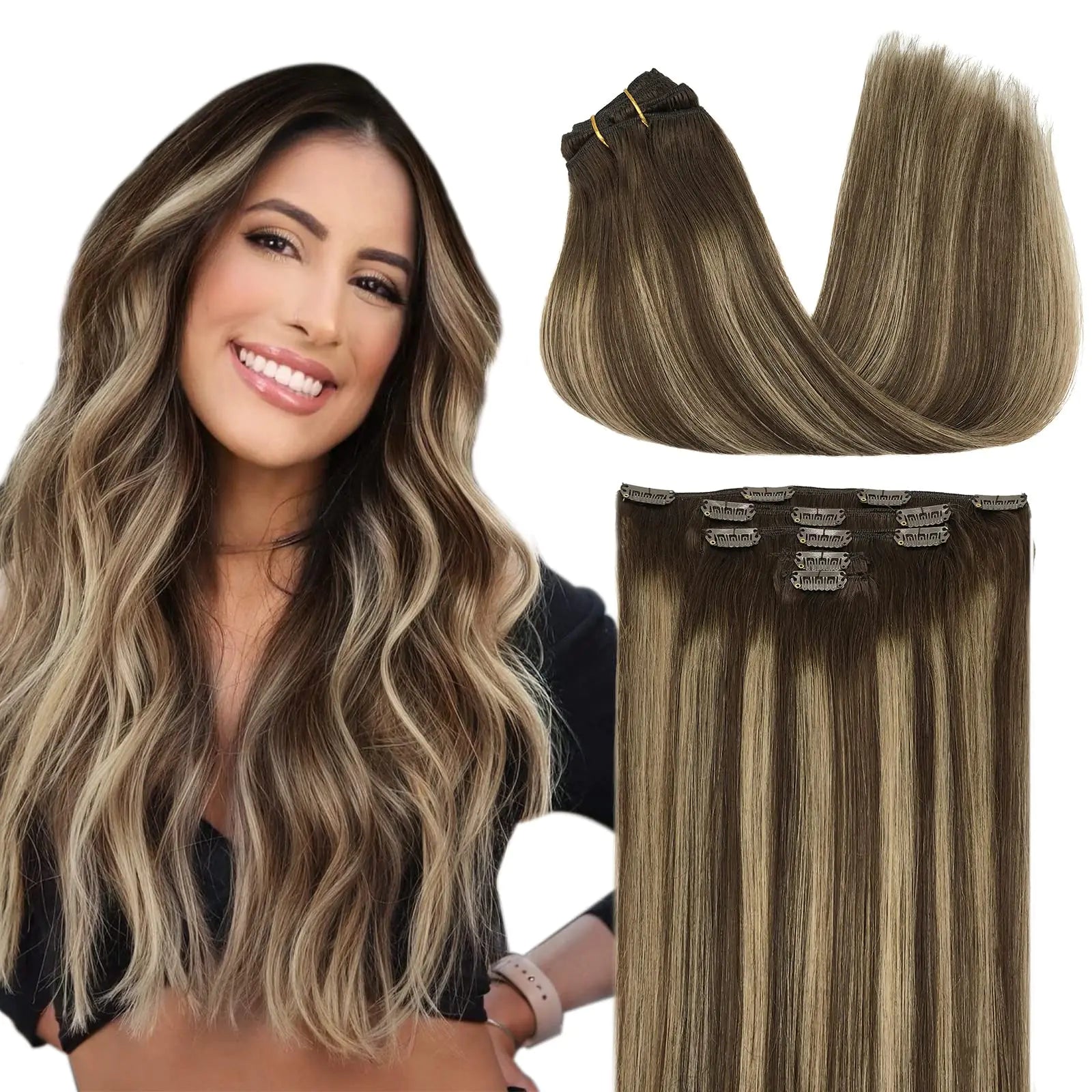 DOORES Clip in Hair Extensions Human Hair 5pcs 75g Balayage Chocolate Brown to Honey Blonde 14 Inch Real Human Hair Extensions Clip in Remy Hair Extensions Silky Straight