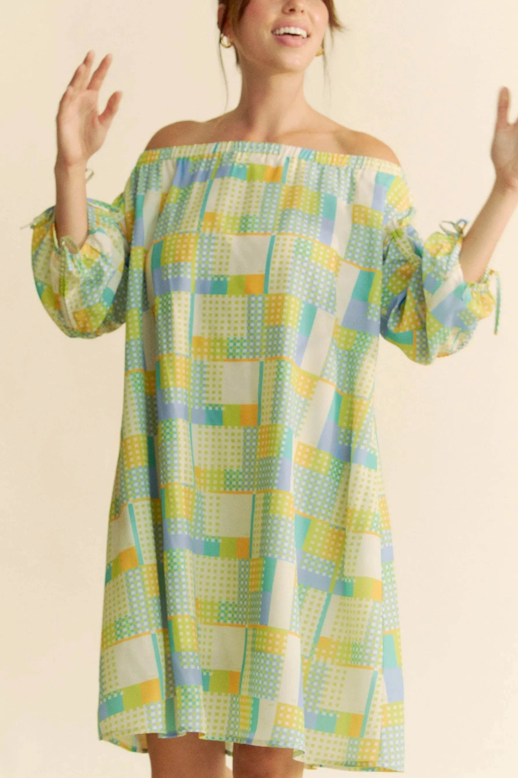Davi & Dani Printed Off Shoulder Drawstring Sleeve Mini Dress