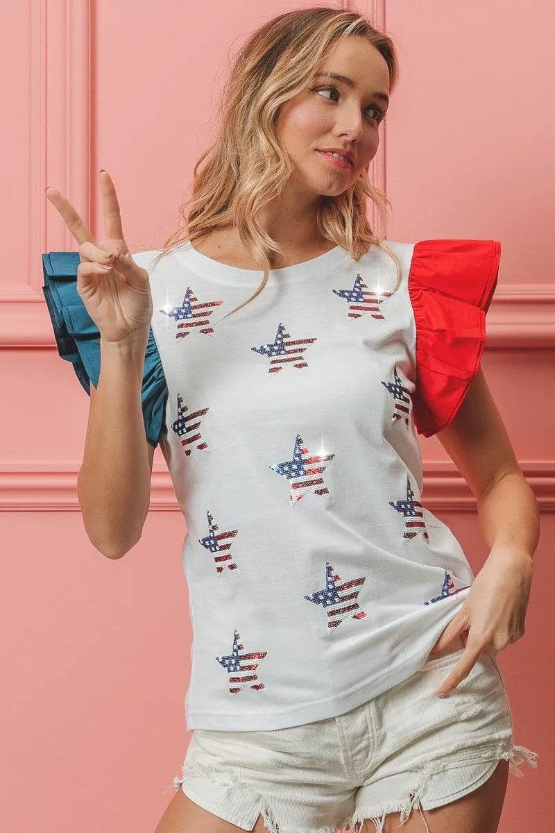 BiBi American Flag Sequin Stars Top