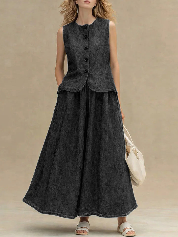 Women’s Crew Neck Denim Top and High-Waist A-Line Skirt Set