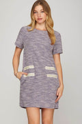She + Sky Full Size Short Sleeve Pearl Studded Trim Knit Tweed Dress Plus Size