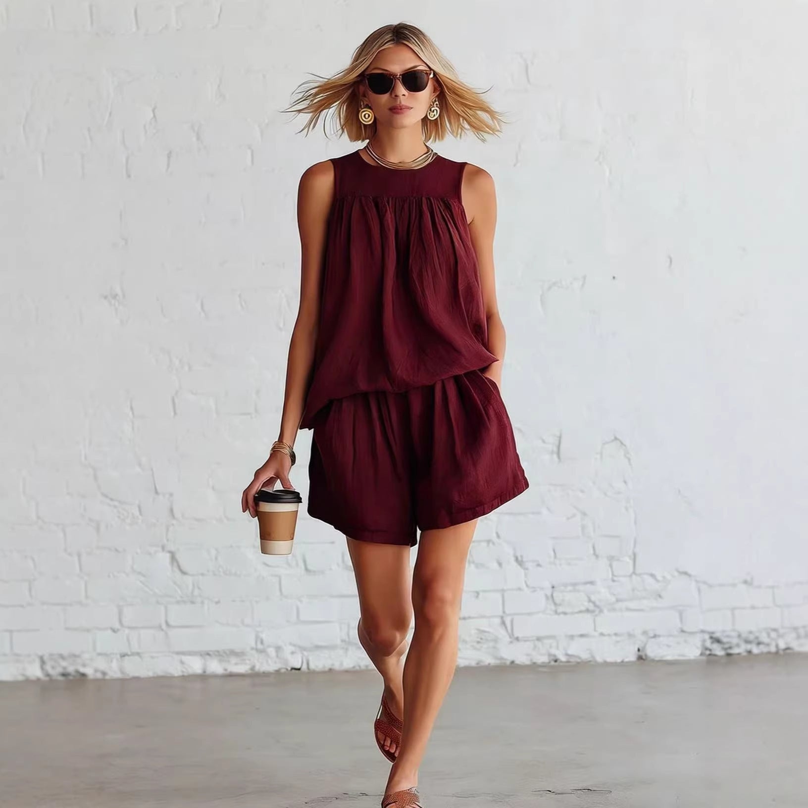Women's Cotton-Linen Sleeveless Top & Wide-Leg Shorts Set – Retro Street Style