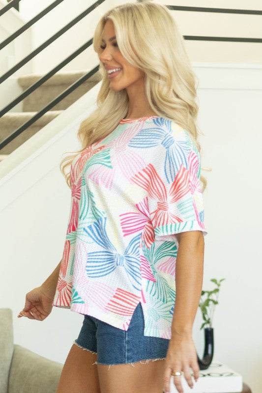 Kaeli Bowknot Waffle Crewneck Loose Short Sleeve T