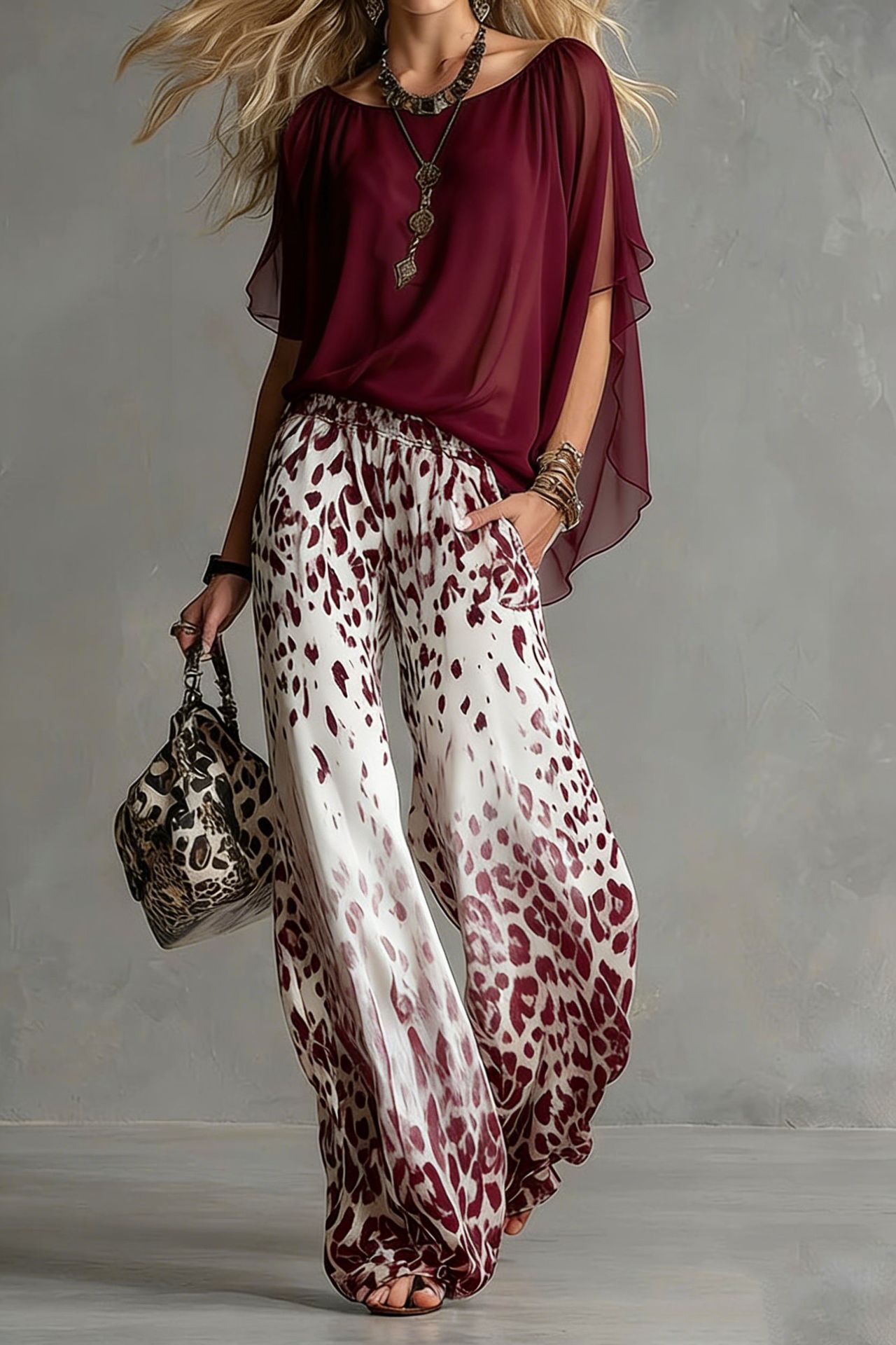 Chiffon Puff-Sleeve Top & Wide-Leg Pants Set – 15 Colors