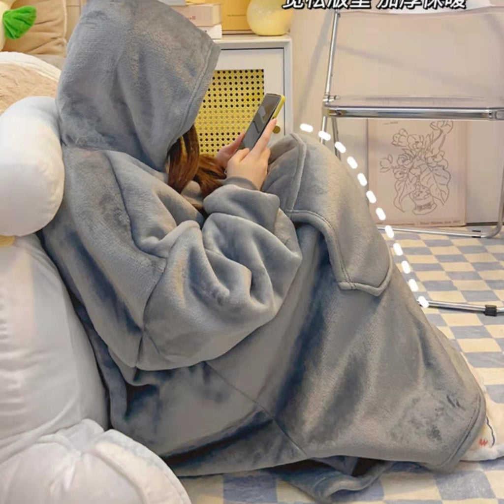 Male Student Thickened Warm Nightgown Flannel Outerwear Couple Homewear Hooded Blanket