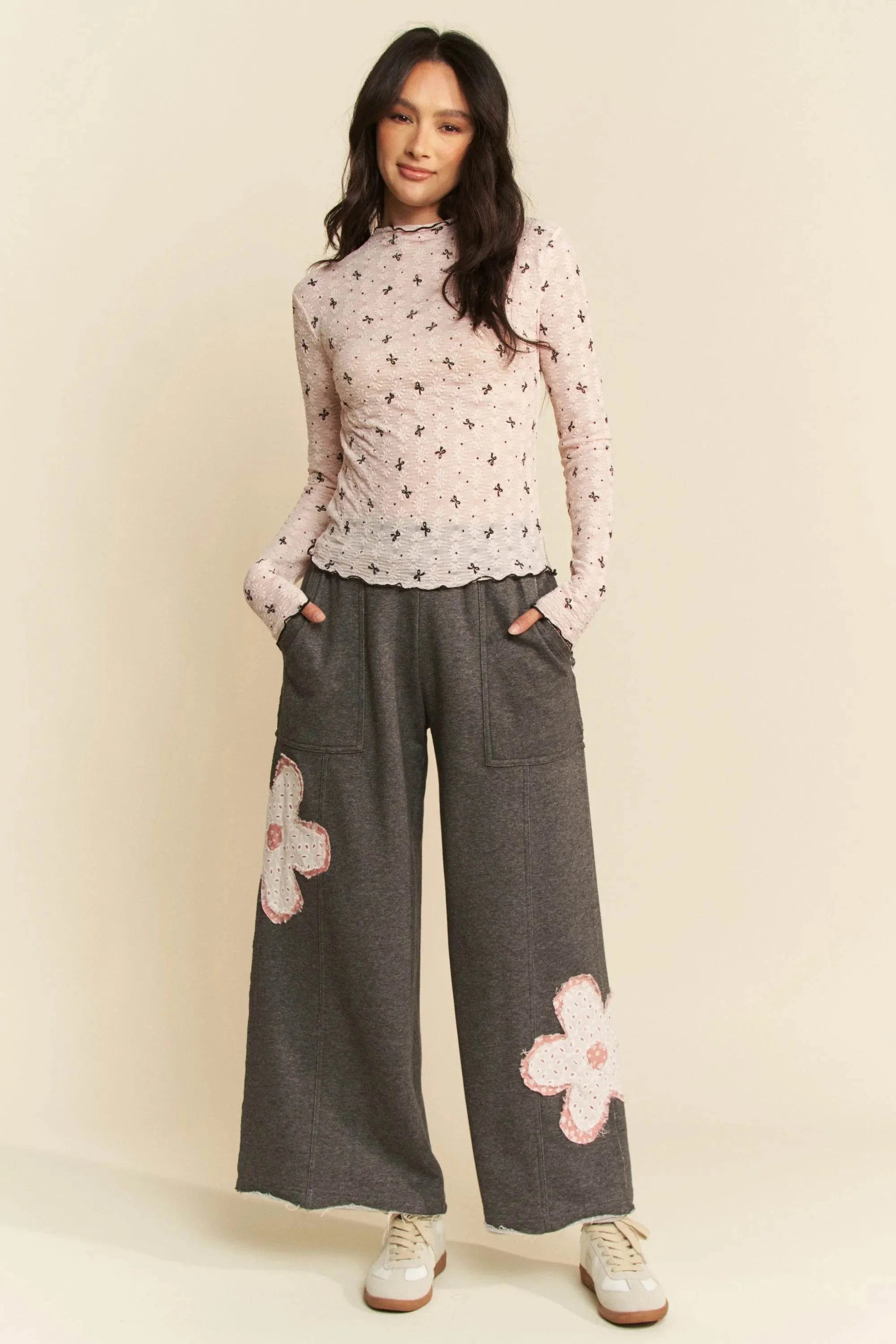 Davi & Dani Ribbon Bow Lace Hem Long Sleeve Mesh Layering Top