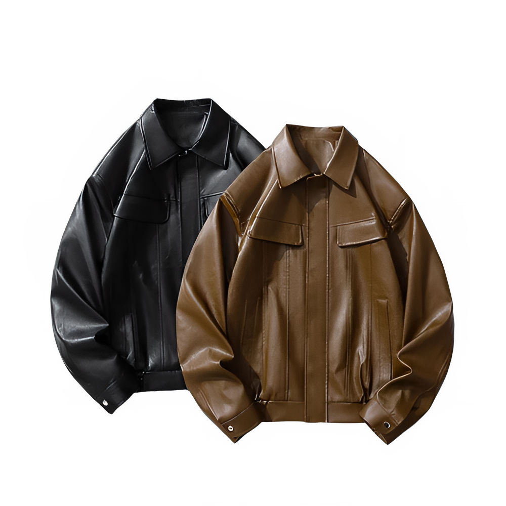 Men's Faux Leather Bomber Jacket Motorcycle Lapel Zip-Up Biker Coat Vintage Streetwear Black Brown Jacket