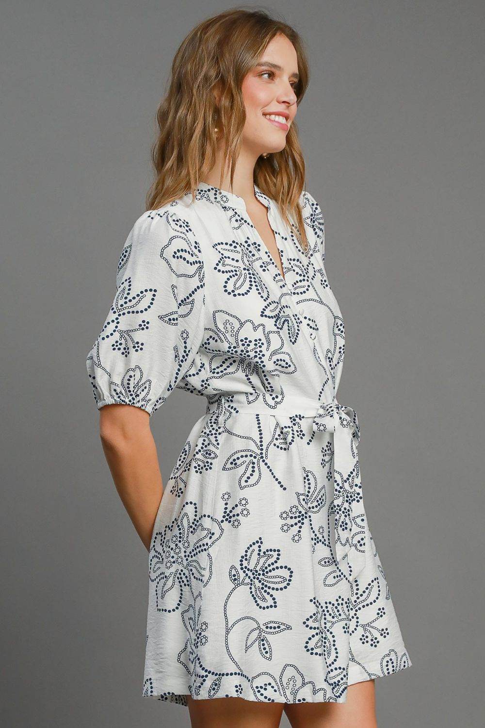 Umgee Full Size Floral Print Notched Puff Sleeve Mini Dress Plus Size