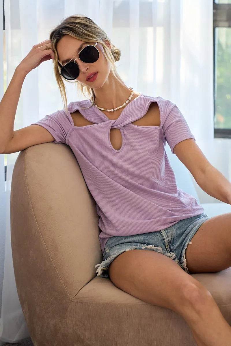 BiBi Rib Knit with Cut Out and Front Twist Detailed Top