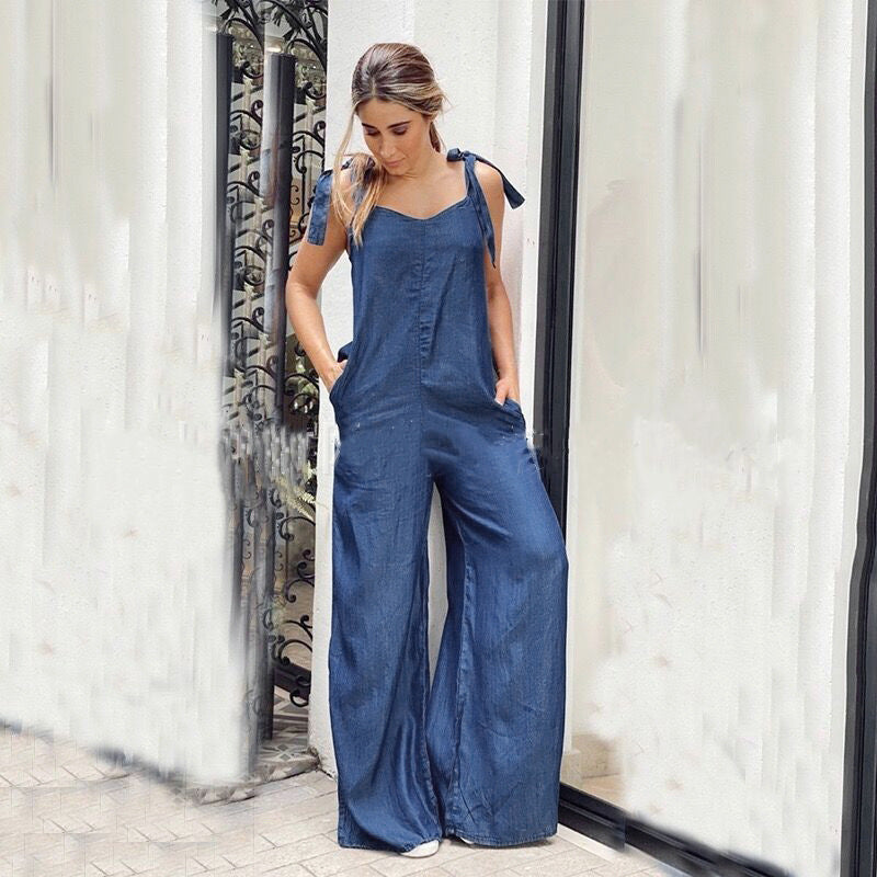 Crew-neck Sleeveless Casual Loose-fit Wide-leg Denim Jumpsuit