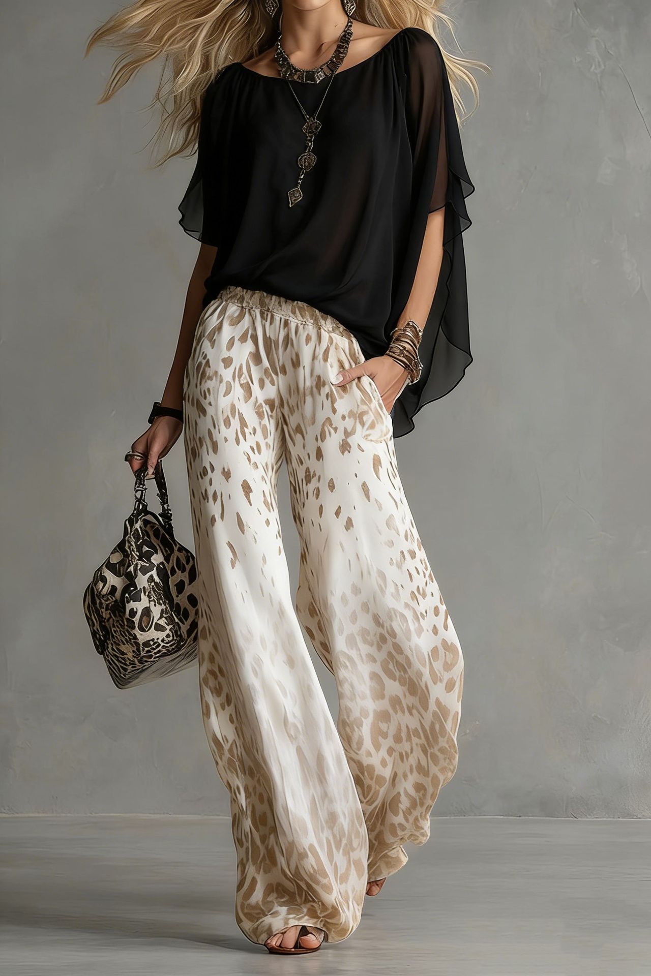 Chiffon Puff-Sleeve Top & Wide-Leg Pants Set – 15 Colors