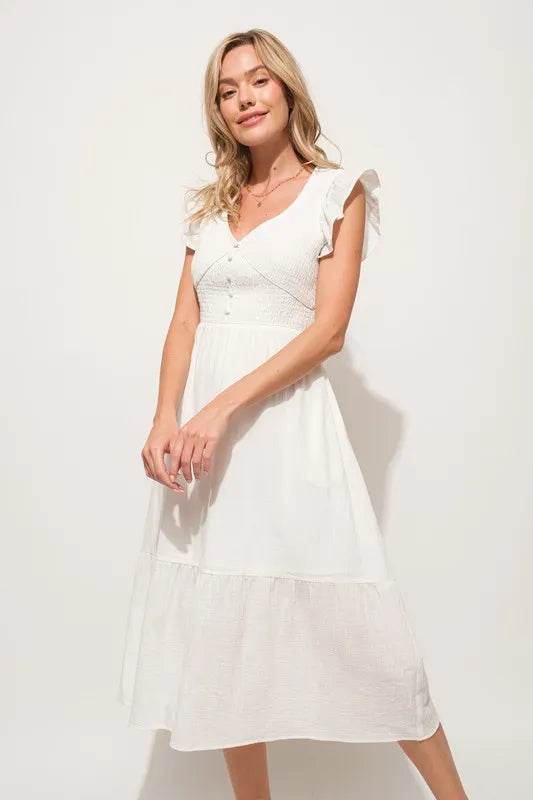 And The Why Ruffle Sleeve Front Smocked Tiered Midi Dress
