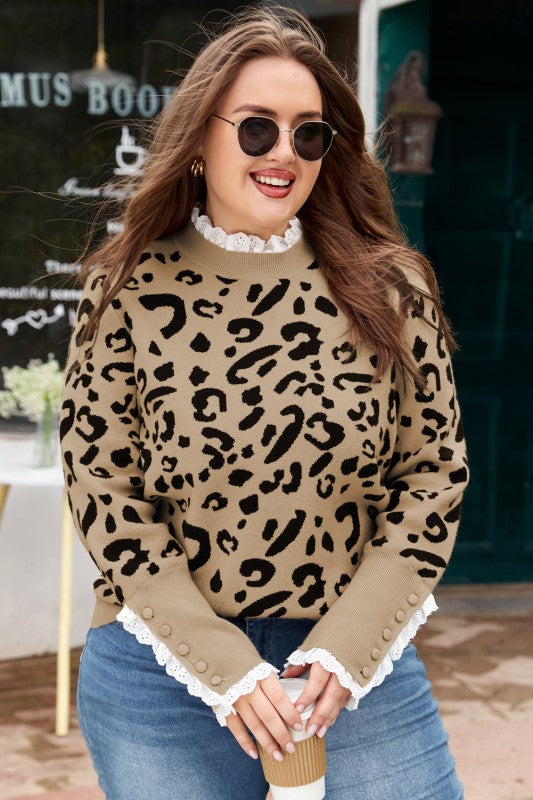 Plus Size Leopard Knit Lacy Trim Long Sleeve Sweat