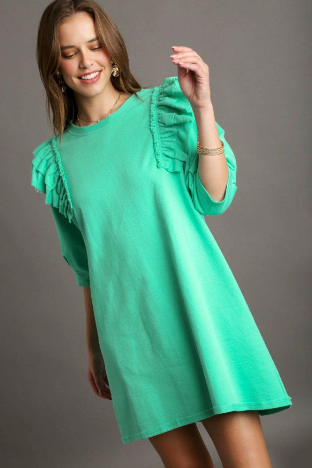 Umgee Full Size French Terry Ruffles Sleeve with Pleats Plus Size