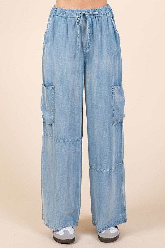Mittoshop Washed Elastic Waist Cargo Wide Leg Pants