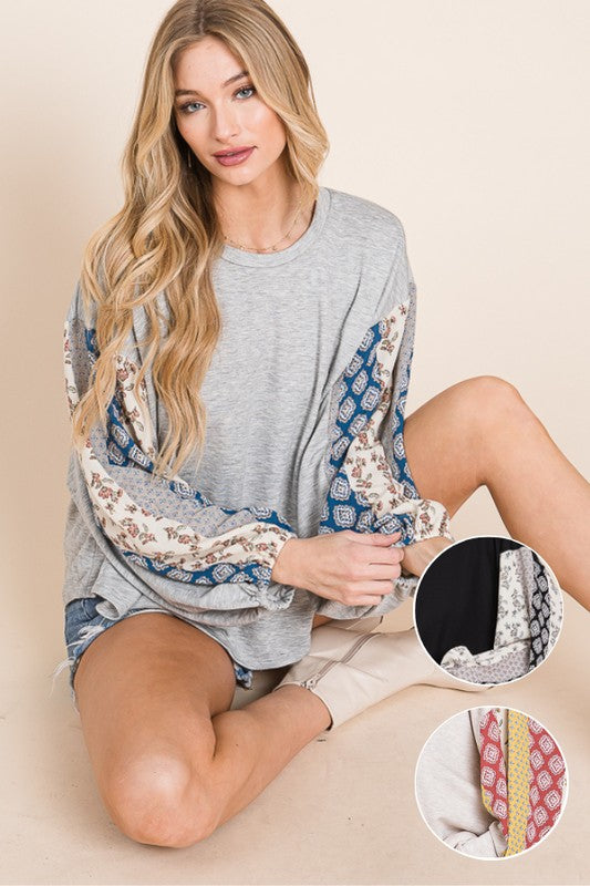 Floral print sleeve detail top PLUS KRT1698