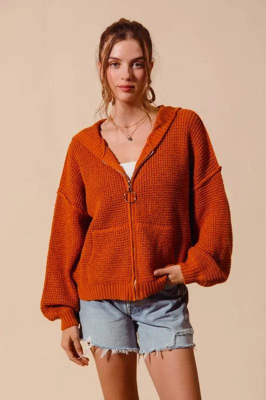 SO ME Front Zip Up Hooded Textured Cardigan