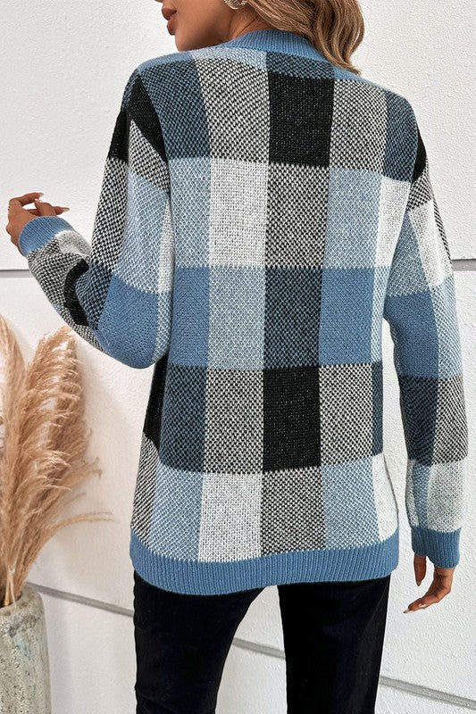 Plaid Print Round Neck Knit Loose Fit Sweater