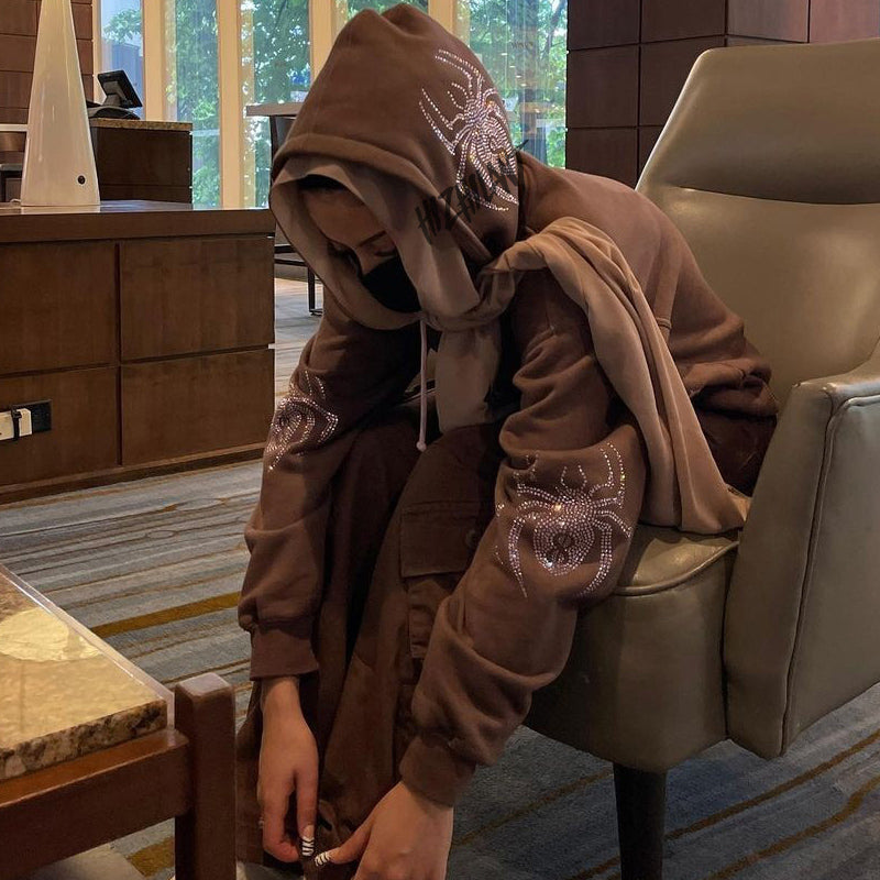 Brown Print Hooded Oversized Sweatshirt