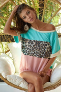 BiBi Leopard Printed Jersey  Color Block Roll Up Top