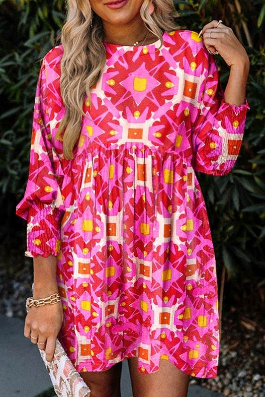 Geometric Print Smocked Long Sleeve Mini Dress