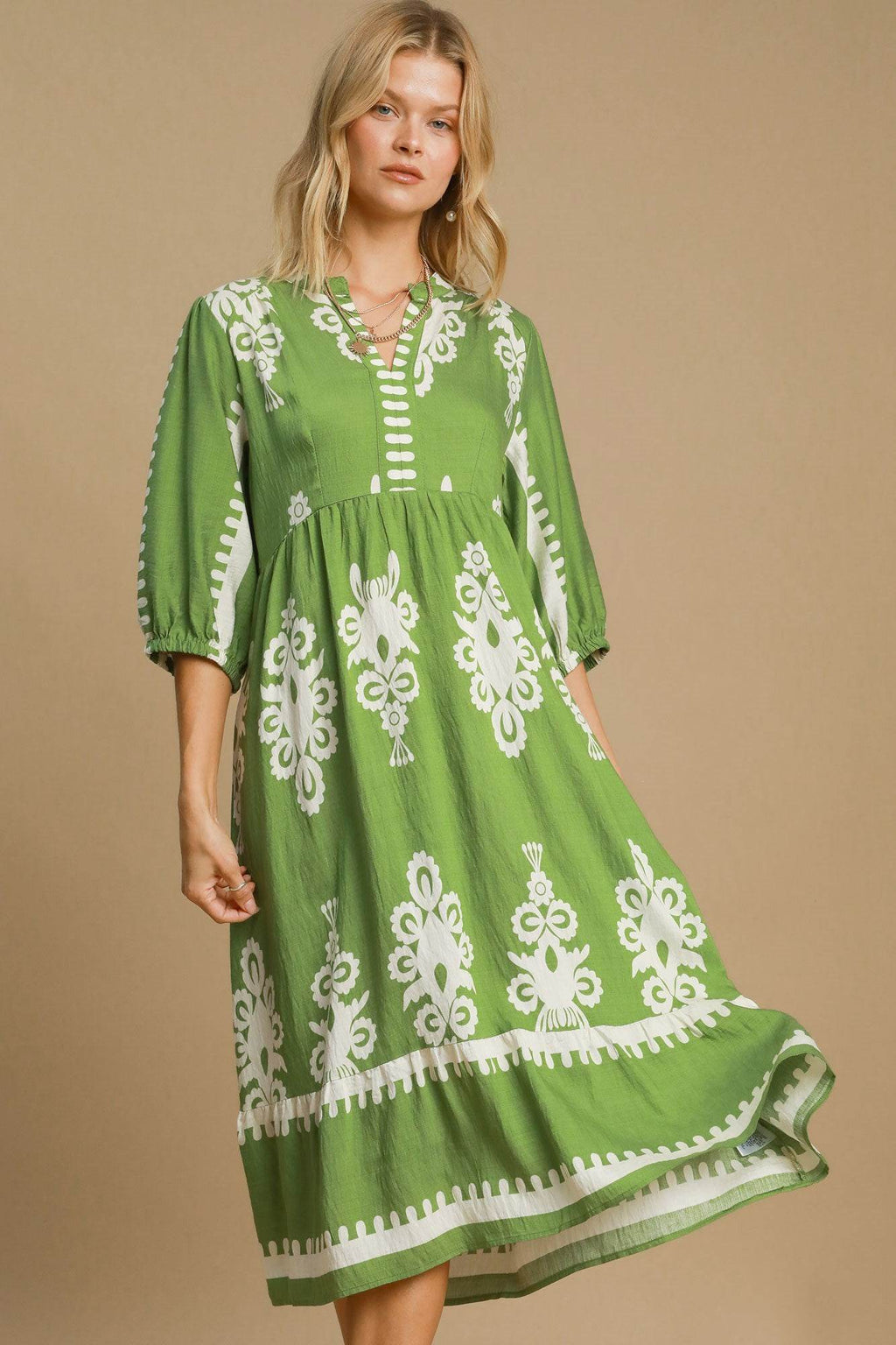 Umgee Printed Notched Midi Dress