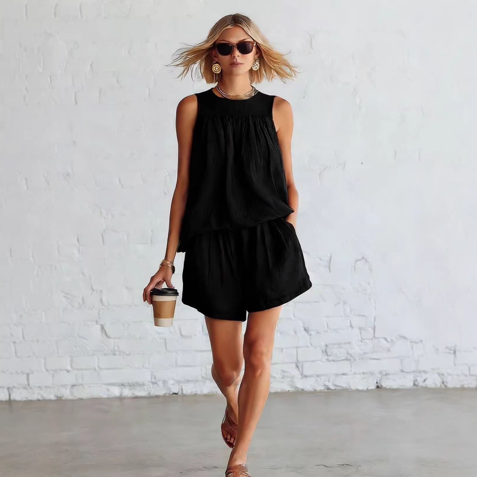 Women's Cotton-Linen Sleeveless Top & Wide-Leg Shorts Set – Retro Street Style