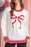Christmas Stripe Trim Bow Crewneck Sweater