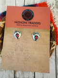 Navajo Coral & Sterling Silver Bear Paw Stud Earri