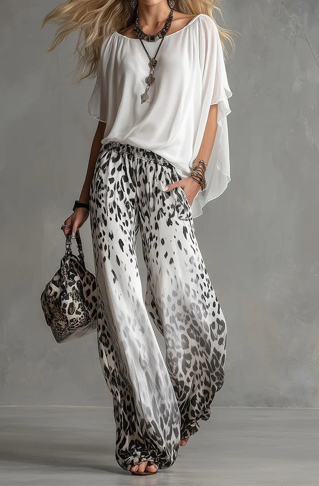 Chiffon Puff-Sleeve Top & Wide-Leg Pants Set – 15 Colors