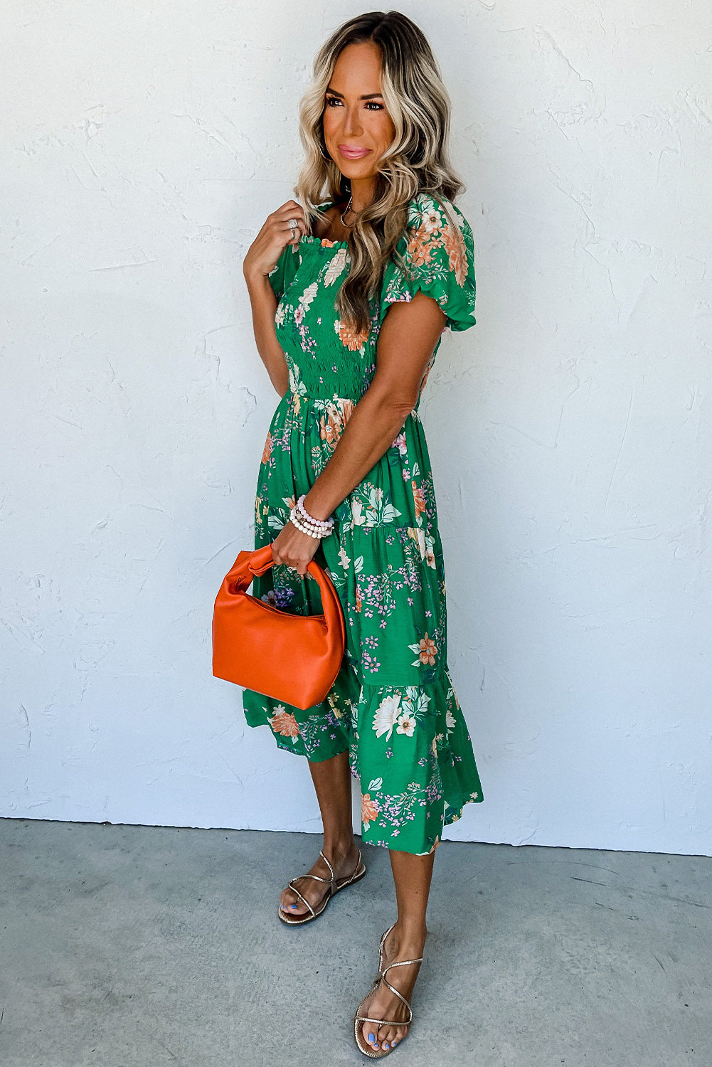Luxury Floral Print Bubble Sleeve Smocked Tiered Midi Dress
