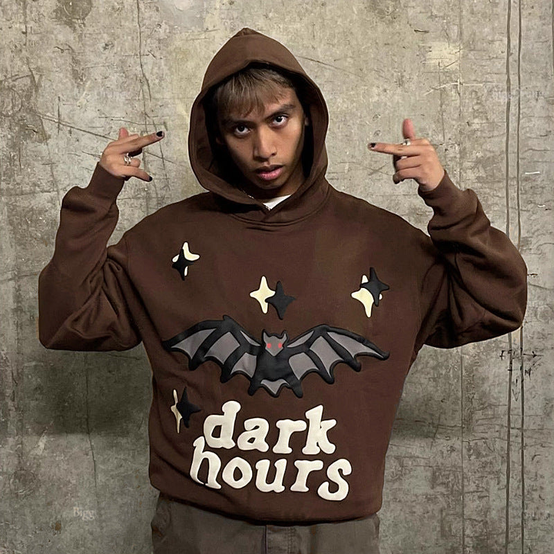 Men's Bat Print Velvet Hoodie - American Retro Pullover with Wool Lining (Dark Brown)