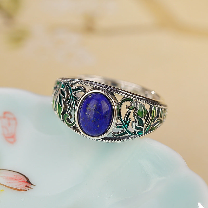 Sterling Silver Lapis Lazuli Hollow Enamel Leaf Ring