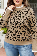 Plus Size Leopard Knit Lacy Trim Long Sleeve Sweat