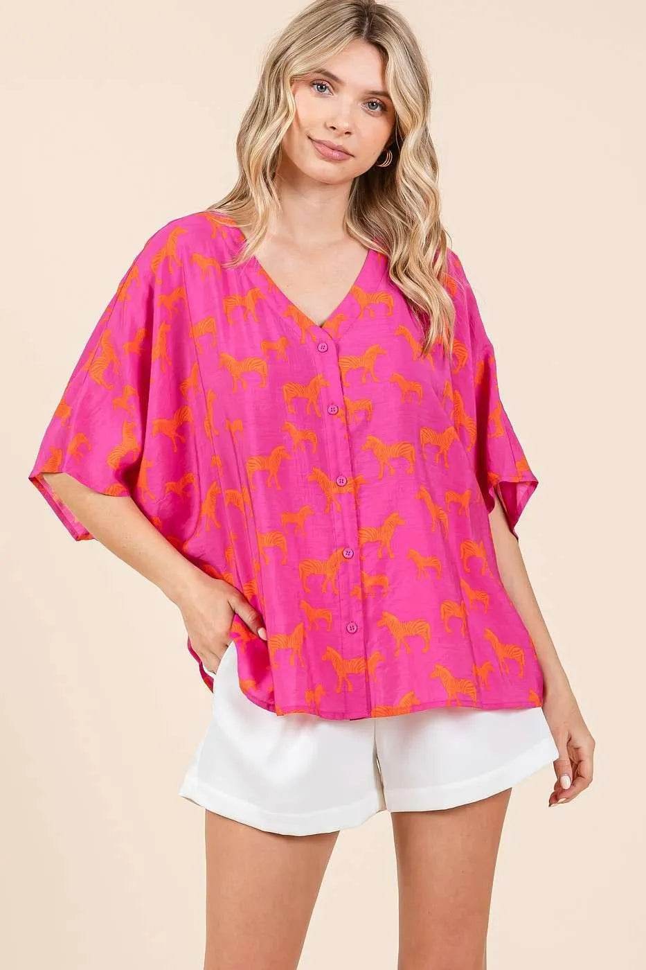 Mittoshop Zebra Print V-Neck Button Down Dolman Sleeve Top