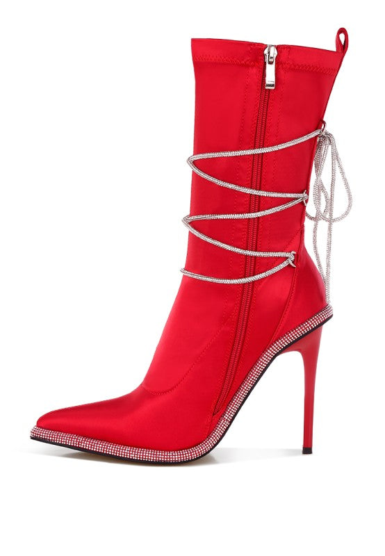 Dacia Rhinestones Strap Satin Calf Boots