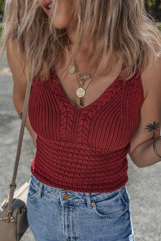 Burgundy Cable Knit Pointelle Slim Sweater Vest