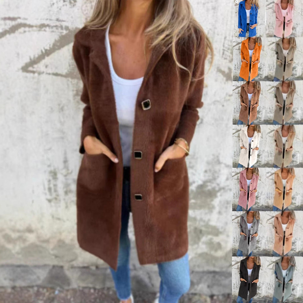 Single-breasted Polo Collar Pocket Mid-length Coat