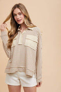Annie Wear Striped Button Detail Long Sleeve Polo Top