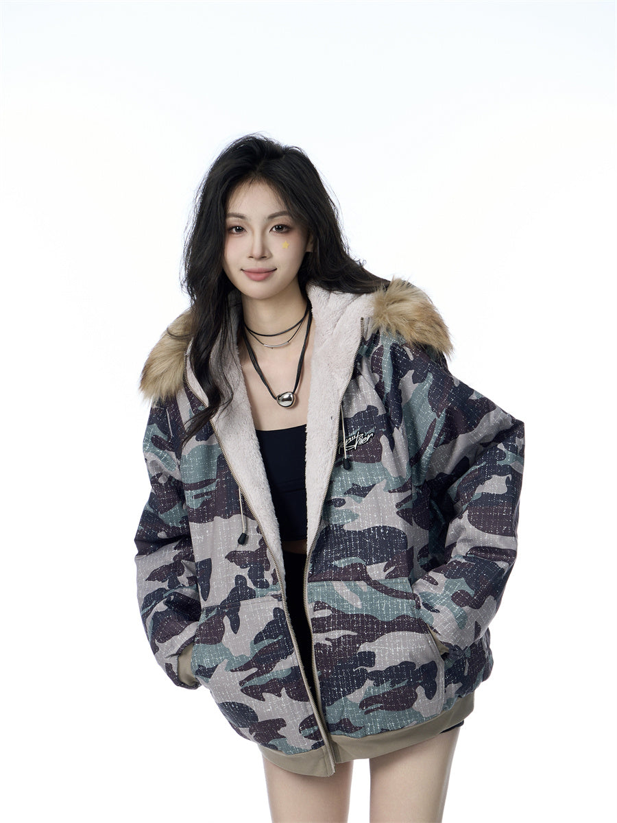 American Vintage Army Green Camouflage Fur Collar Hood Jacket