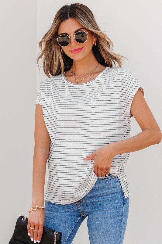 Tilly Stripe Cap Sleeve Crew Neck top
