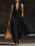 Women's V-Neck Sleeveless Linen Dress Set – Casual Chic