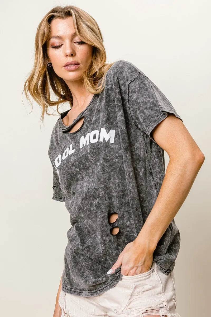 BiBi Washed Laser Cut Detail Cool Mom Print Top