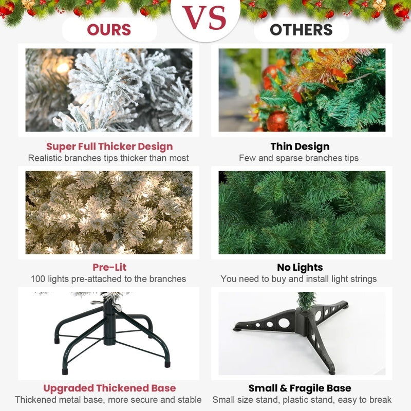 Pre-Lit Flocked Christmas Tree - PVC Artificial Xmas Tree with Lights (4ft to 7ft, FedEx Shipping from USA)