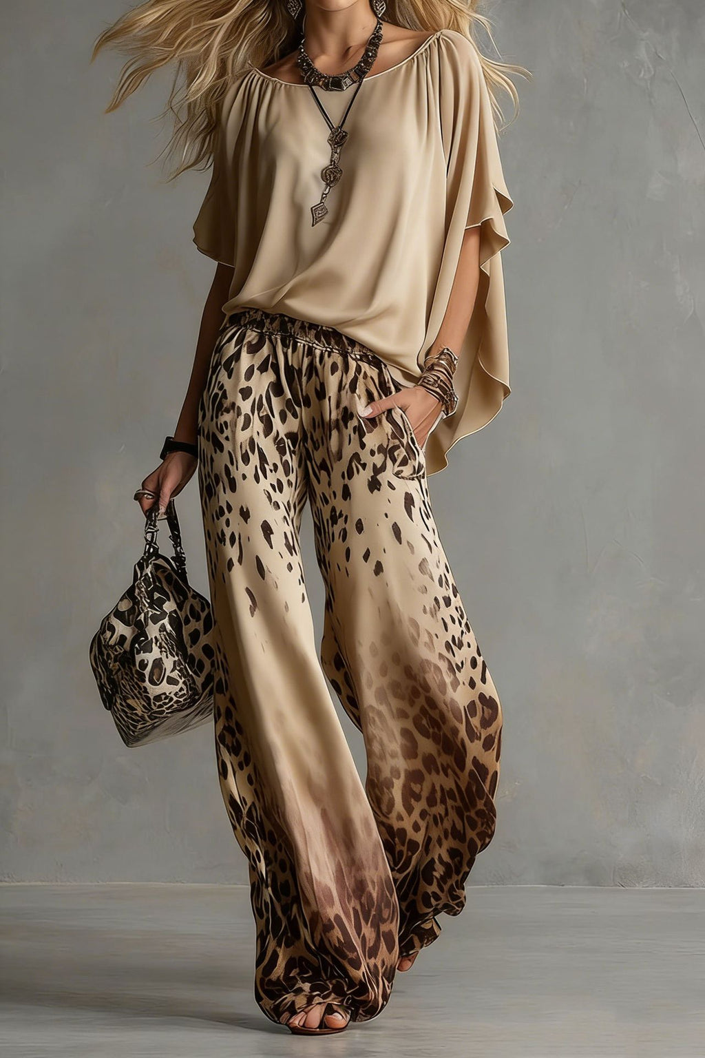 Chiffon Puff-Sleeve Top & Wide-Leg Pants Set – 15 Colors