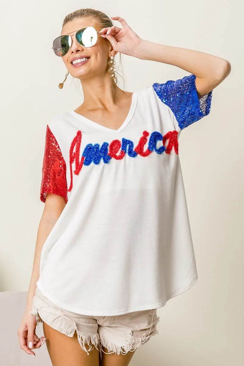 BiBi Metallic Letter V-neck Sequin Sleeves Top